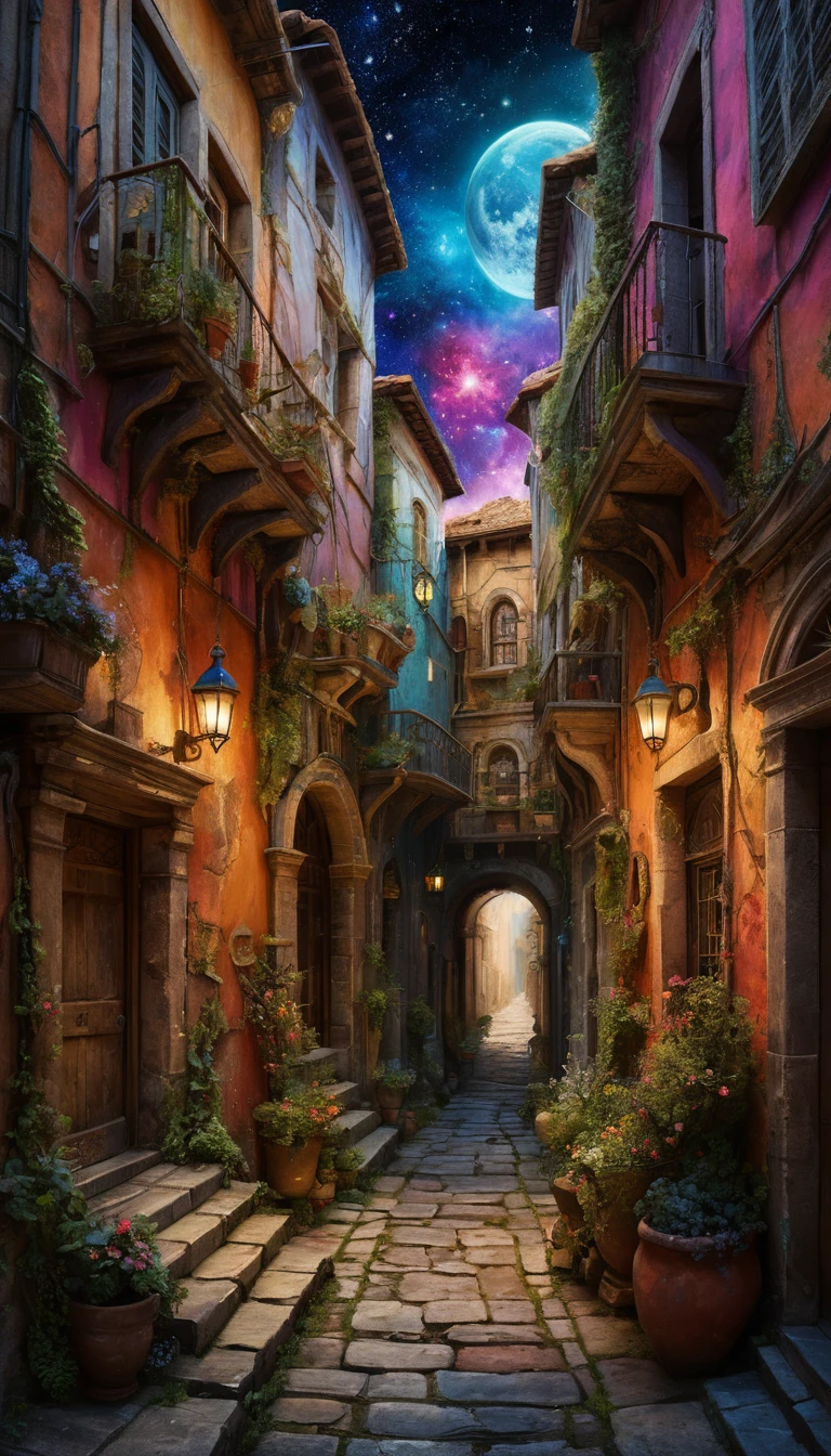 Renaissance alley merging with a vibrant cosmic dreamscape painting