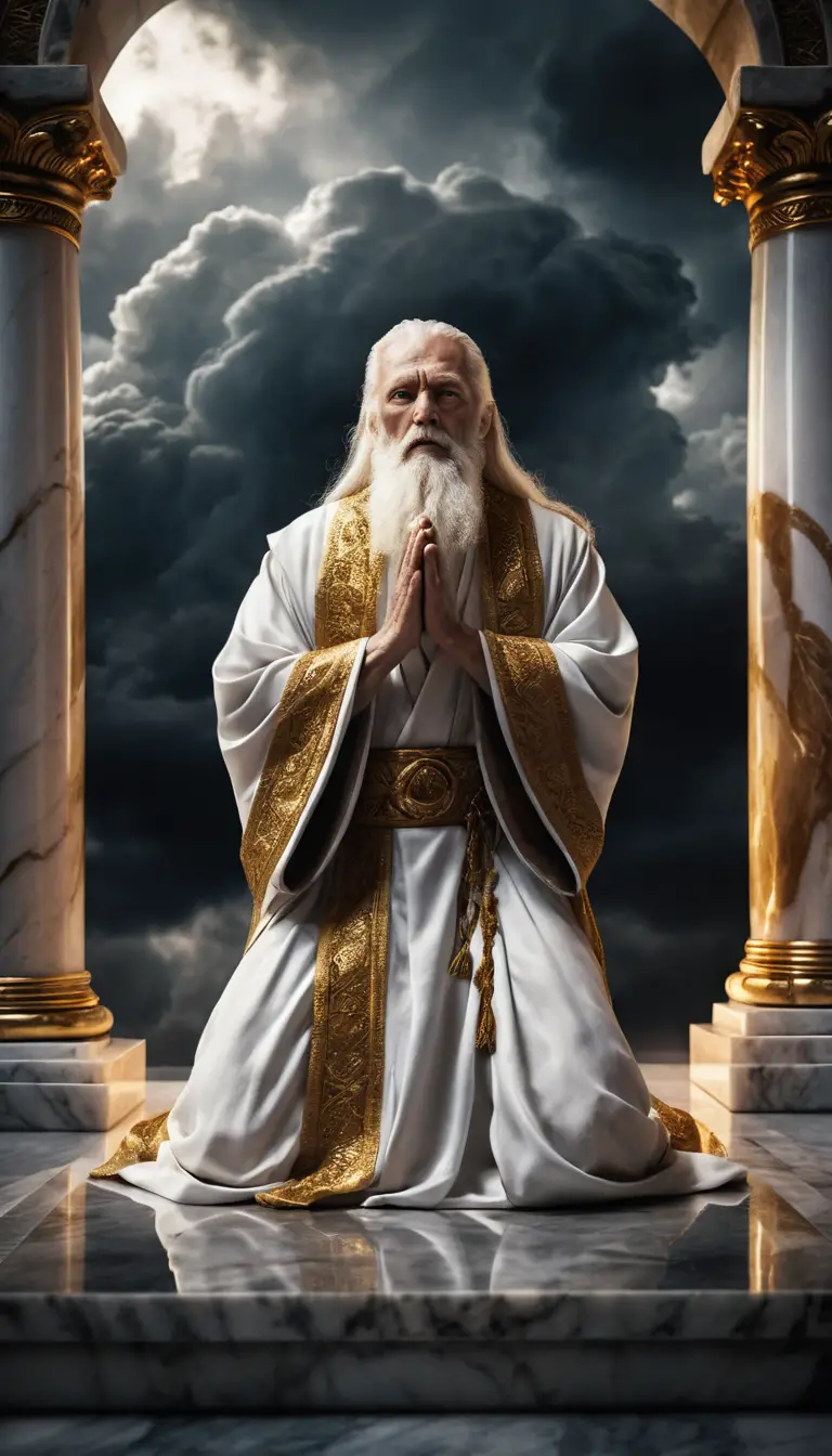 Elderly patriarch praying at glowing marble altar below storm clouds