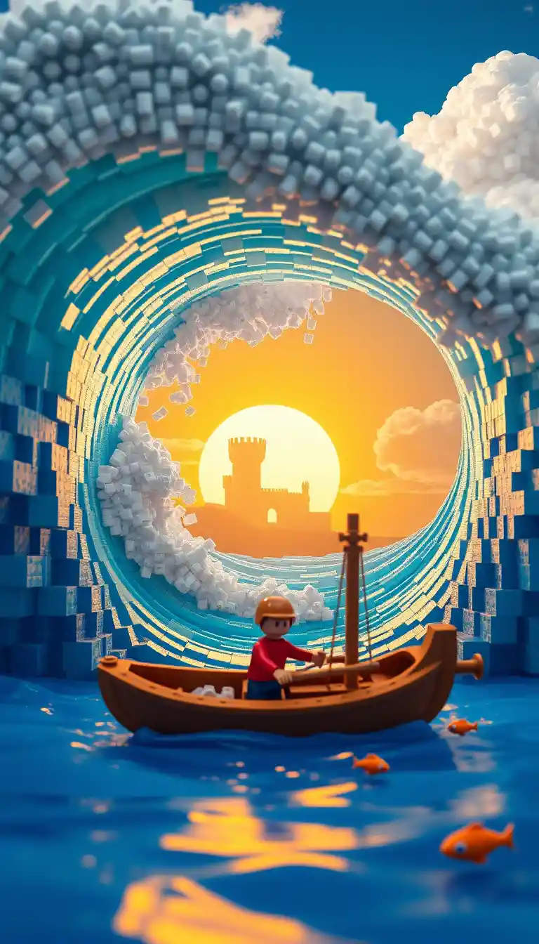 Surreal Block Built Ocean Wave With Toy Boat And Sunset Portal