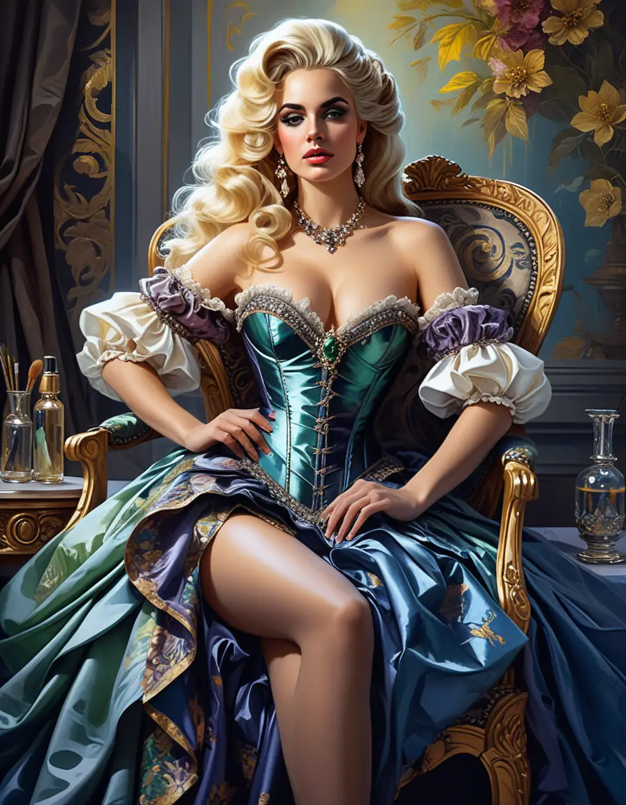 Rococo courtesan painting at an easel in royal chambers