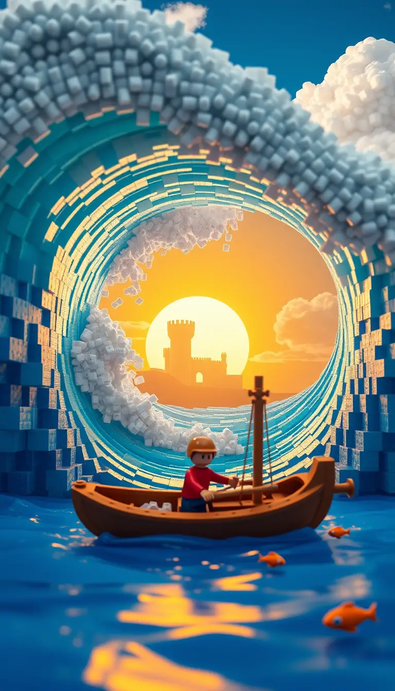 Surreal Block Built Ocean Wave With Toy Boat And Sunset Portal