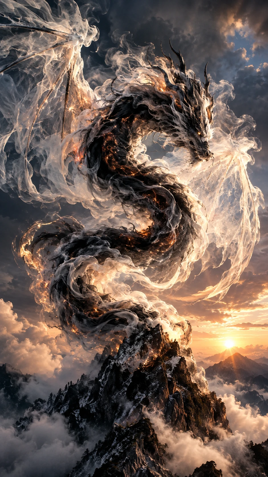 Rauchdrache steigt über einem einsamen Berggipfel empor