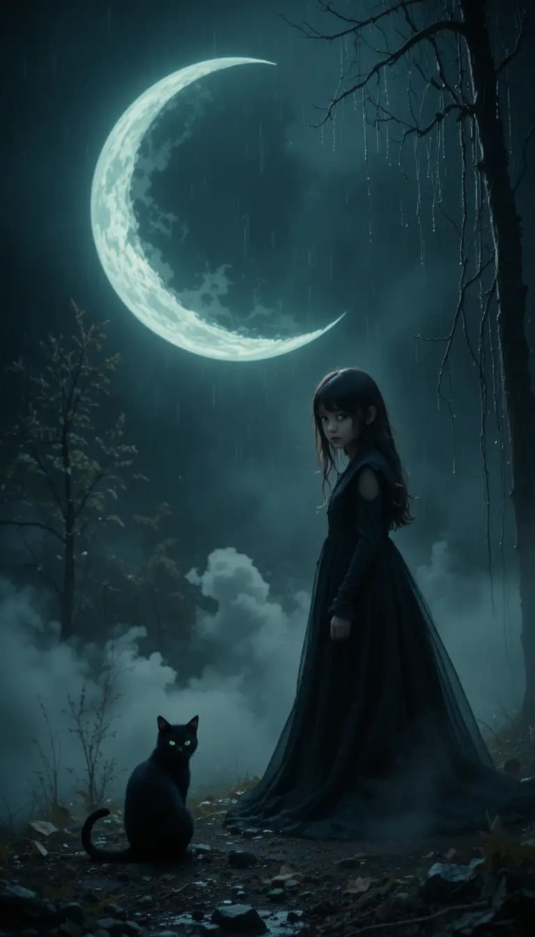 Young girl and black cat under a distant crescent moon