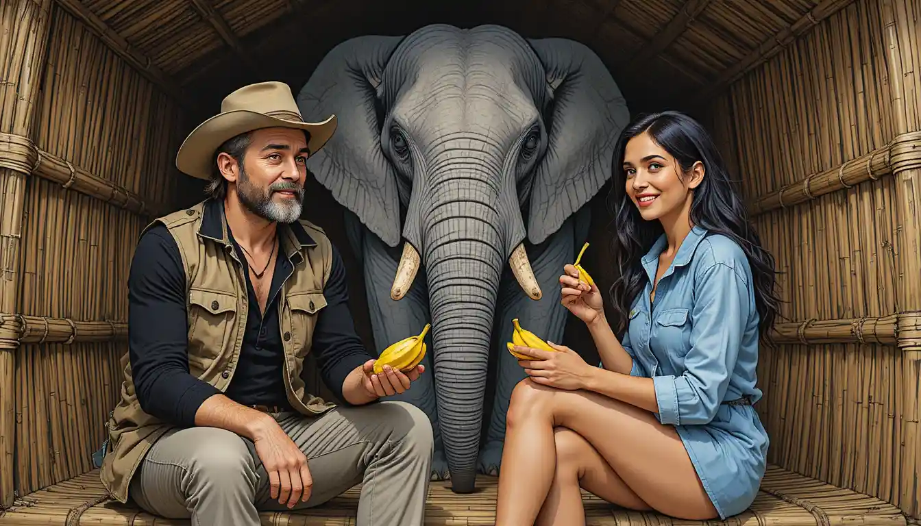 Explorer and african elephant in classic line drawing scene