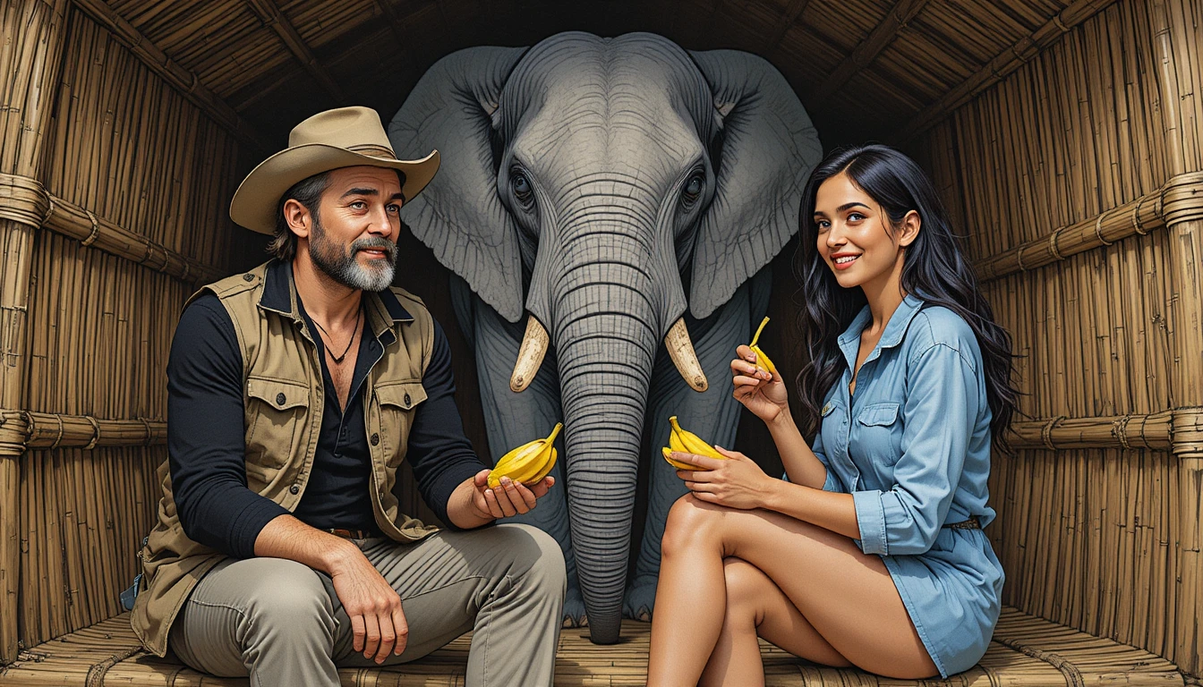 Explorer and african elephant in classic line drawing scene