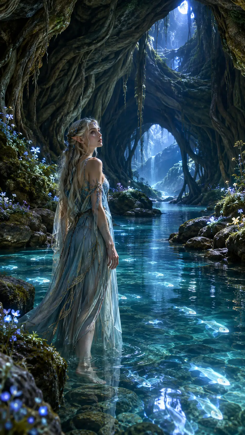 Elf woman in an underground river beneath ancient roots