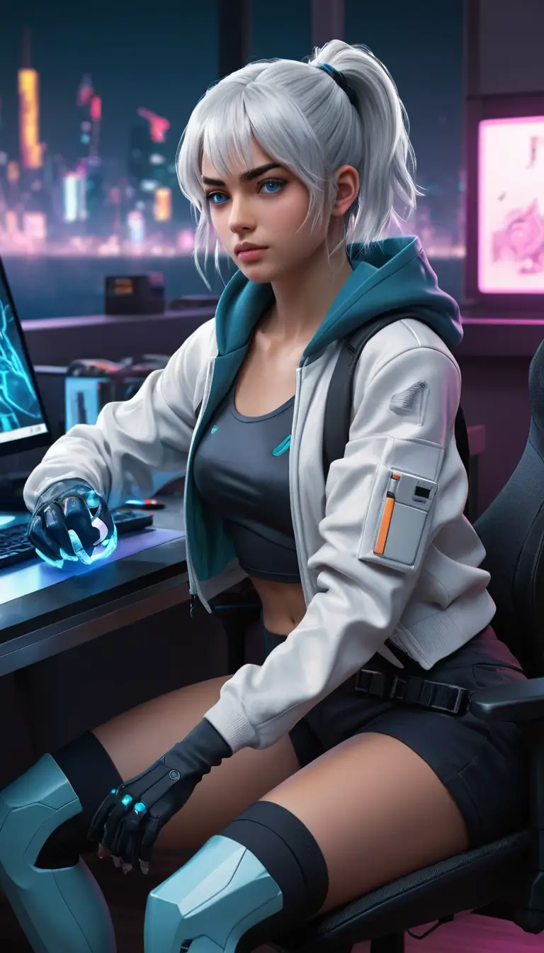 Calm white haired anime girl on a desk at night