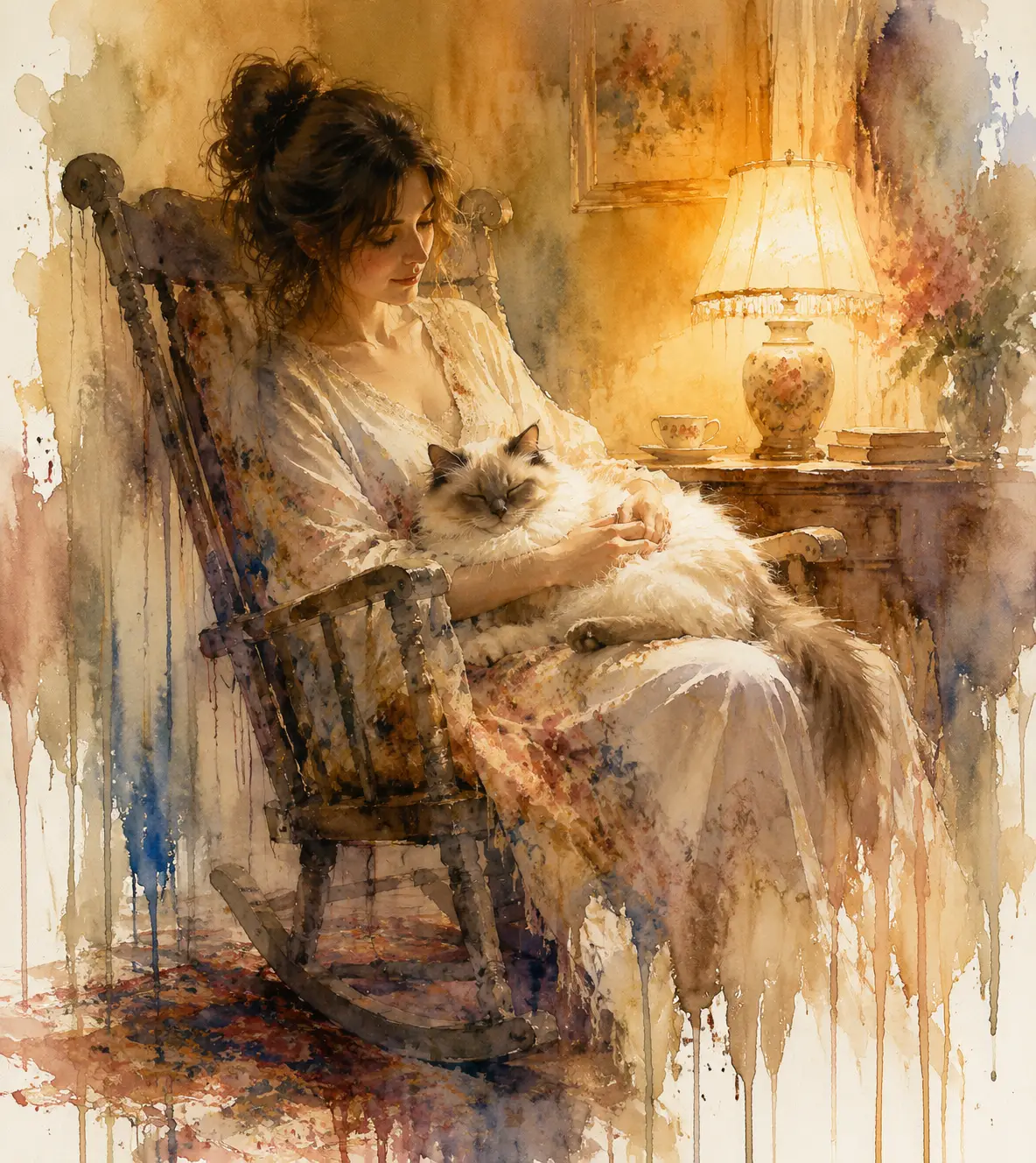 Serene Woman With Ragdoll Cat In A Cozy Watercolor Room