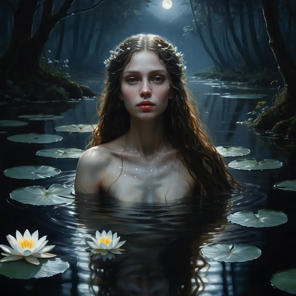 Moonlit water spirit in a dark forest river