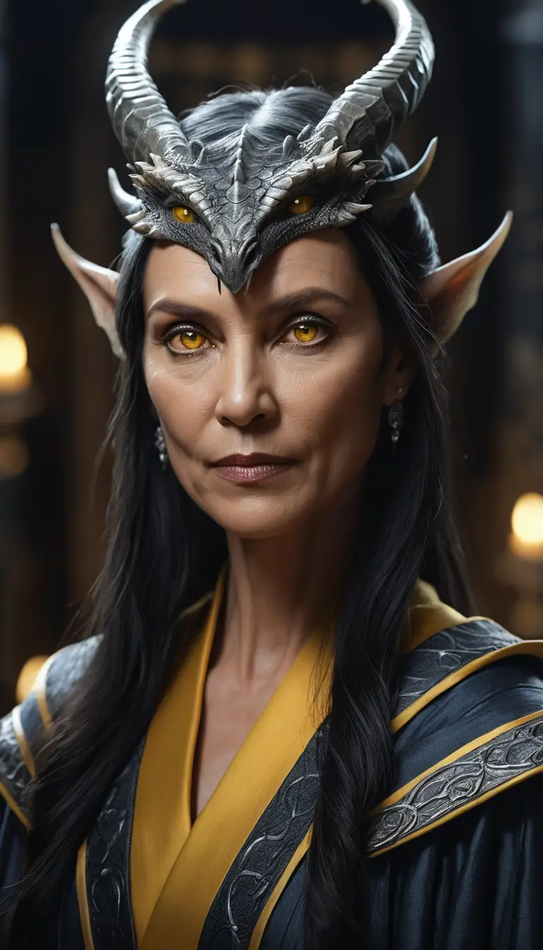 Mature dragon woman diplomat in a dim study portrait