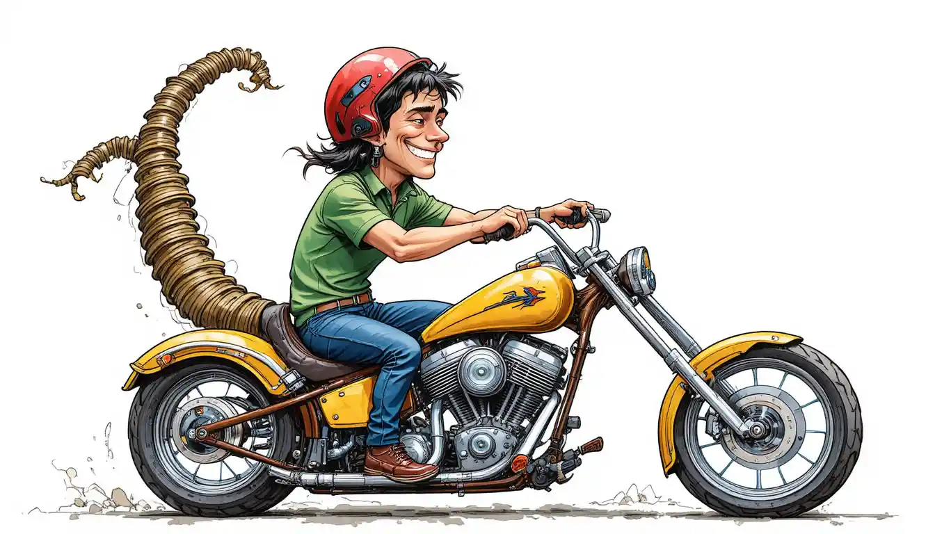 Cartoon-Biker auf gelbem Chopper-Motorrad mit fröhlichem Gesichtsausdruck