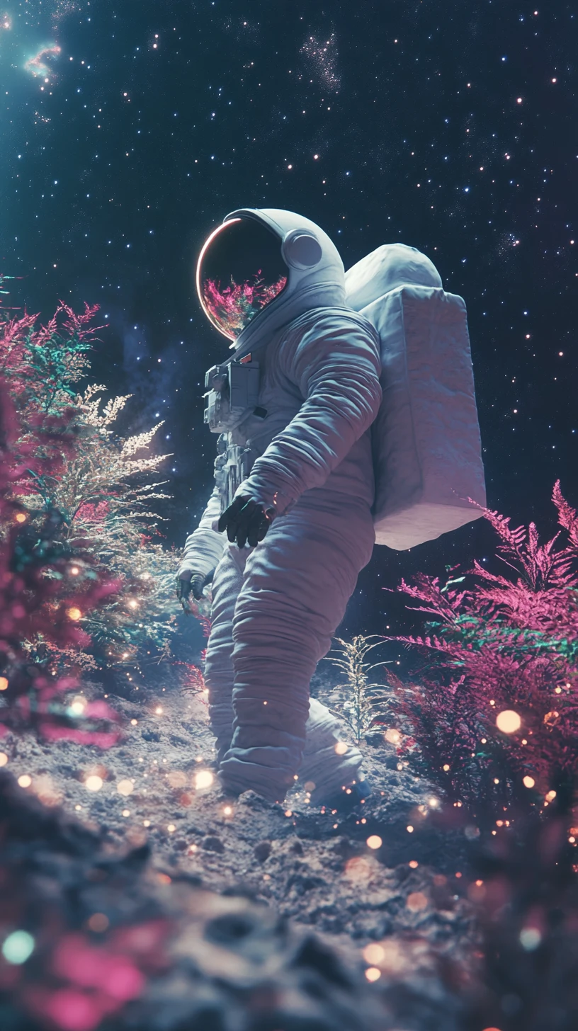 Astronaut Walking Through Vast Crystalline Moon Garden