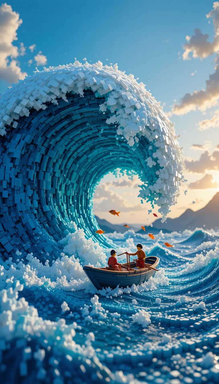 Toy brick tsunami towering over a tiny fishing boat