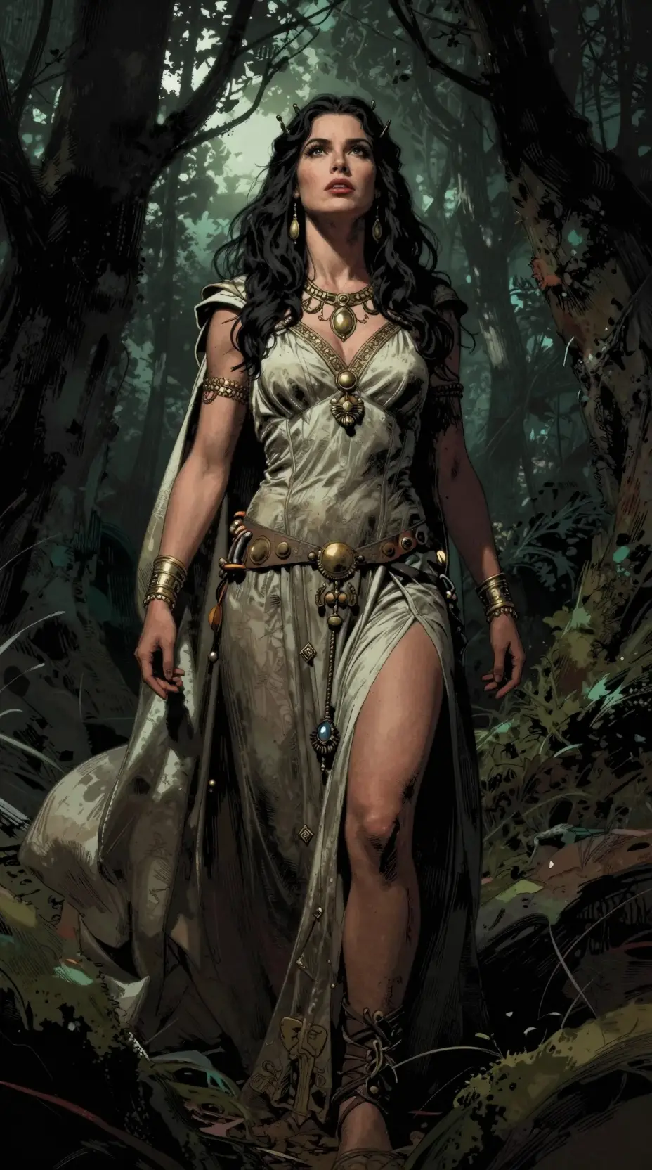 English pagan goddess standing in a dark forest