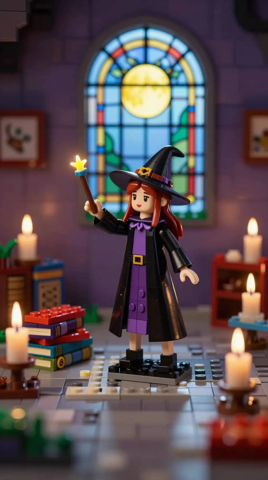 Young witch casting magic in a candlelit chamber