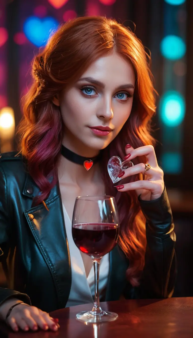 Glamorous red haired woman with wine in nightclub lounge