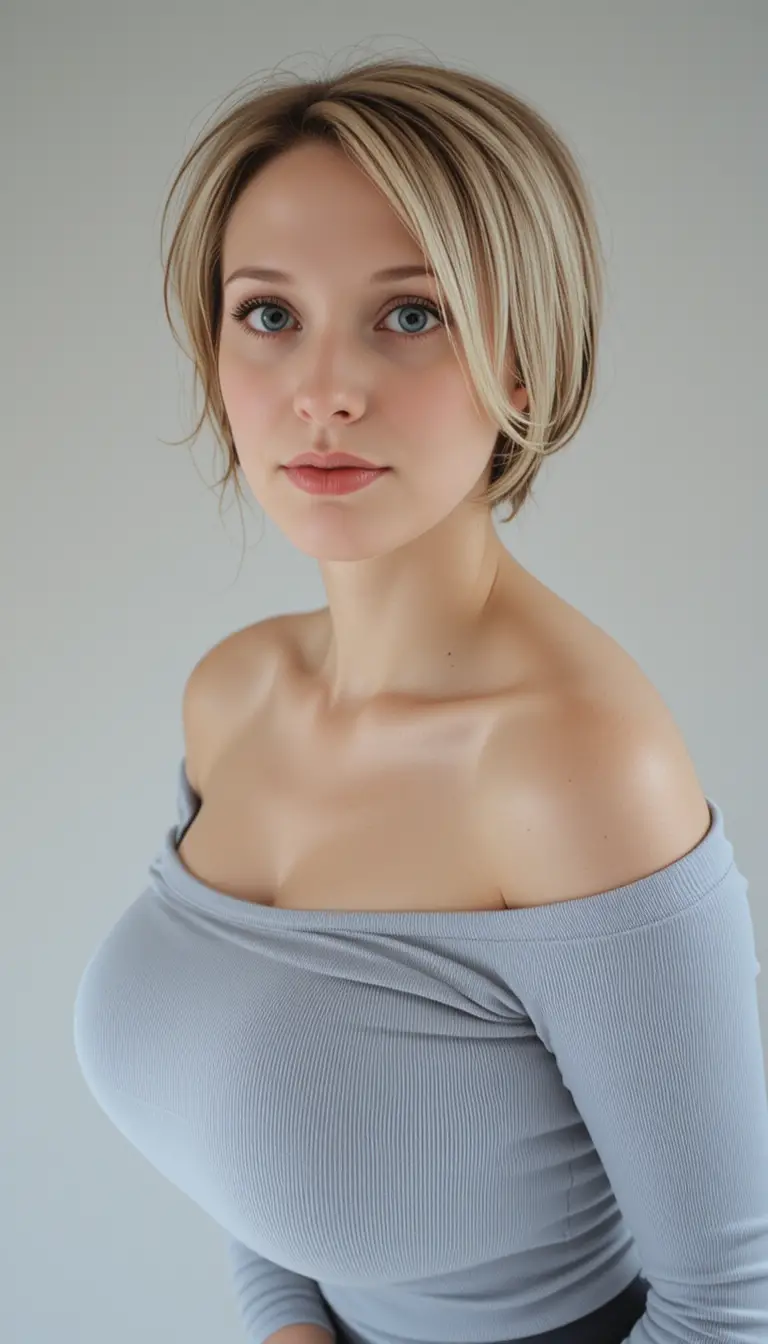 Blonde pixie haired girl in off shoulder top