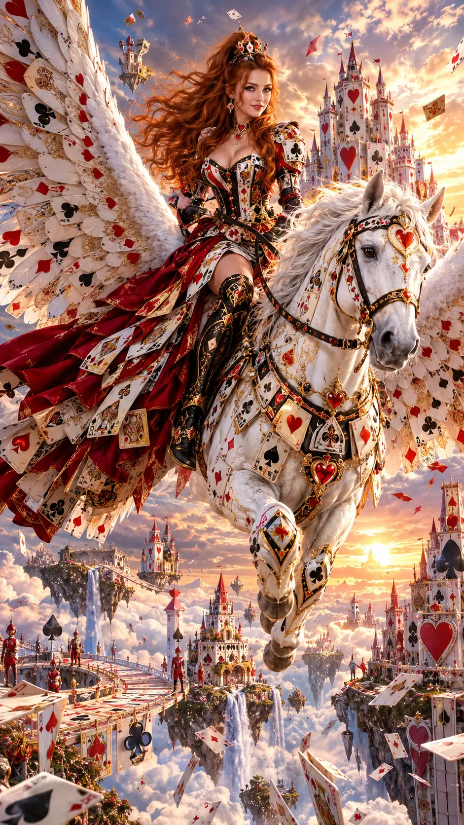 Queen of Hearts riding a white pegasus over card kingdom