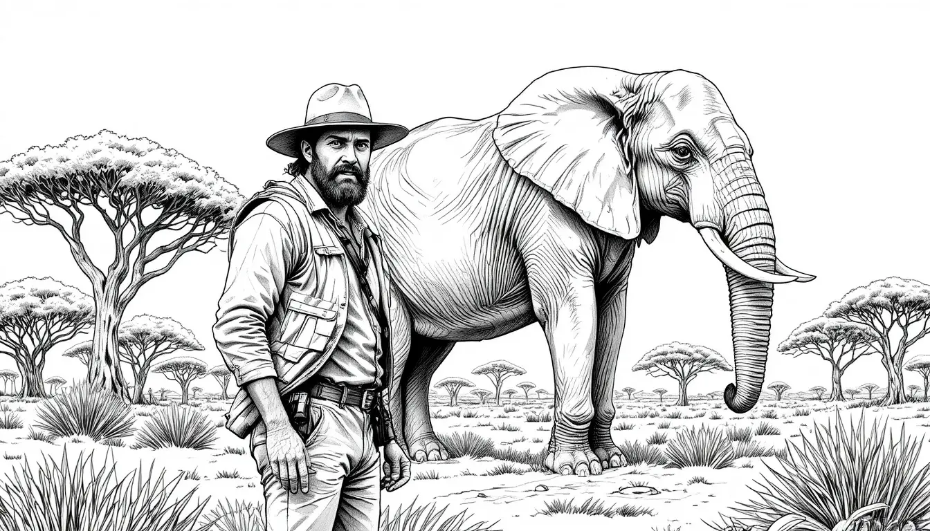 Explorer with african elephant in classic line illustration