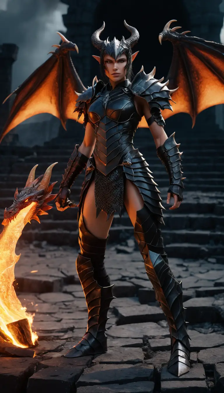 Dragon horned warrior woman in ruined fantasy arena