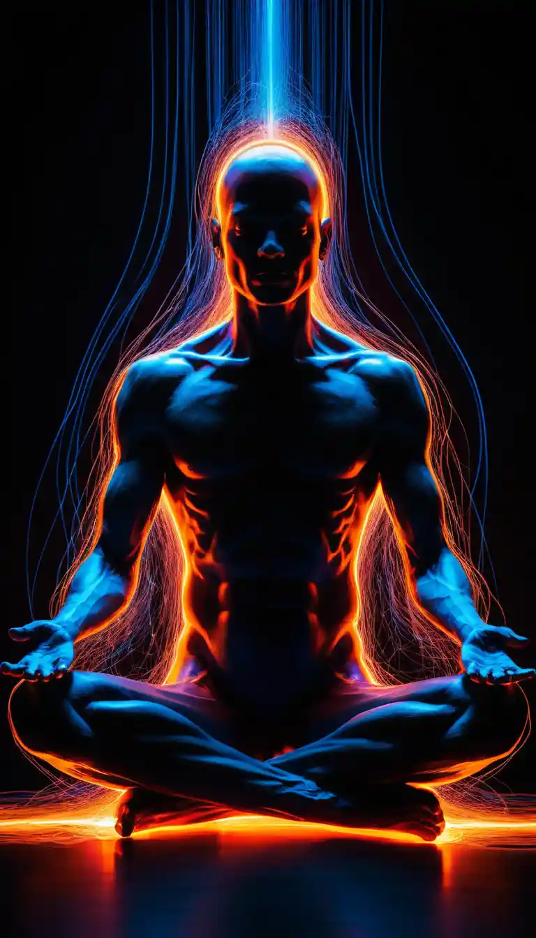 Neon light figure meditating in glowing abstract darkness