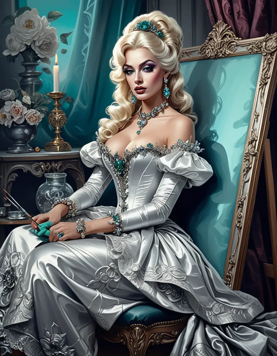 Sultry noblewoman painting in a dark baroque chamber