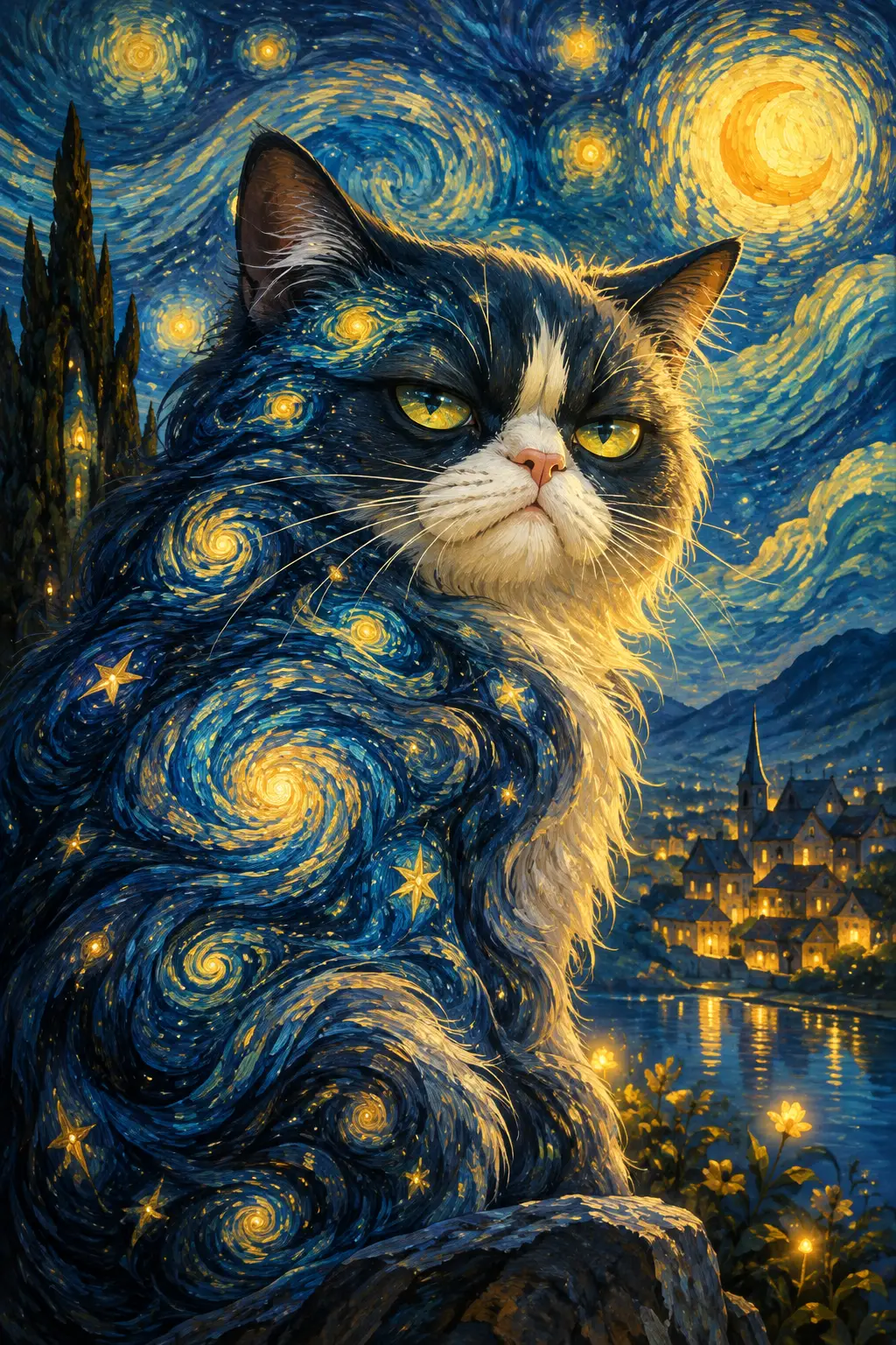 Starry night fantasy cat with swirling luminous fur