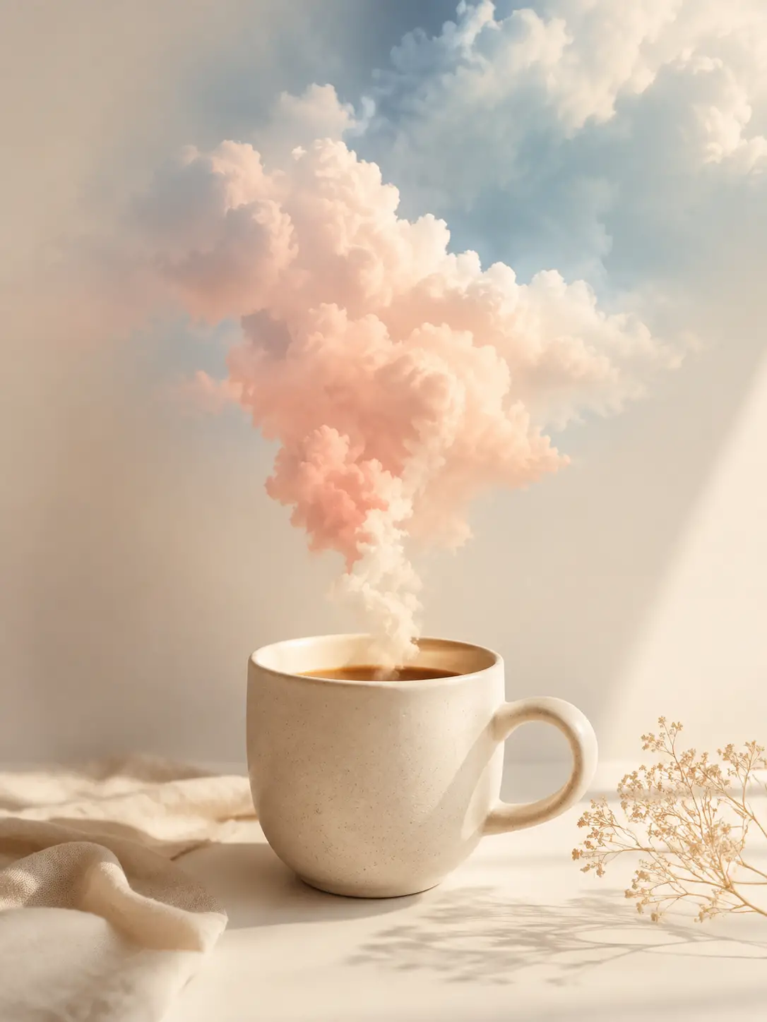 Minimalist coffee cup with pastel cloud rising like steam