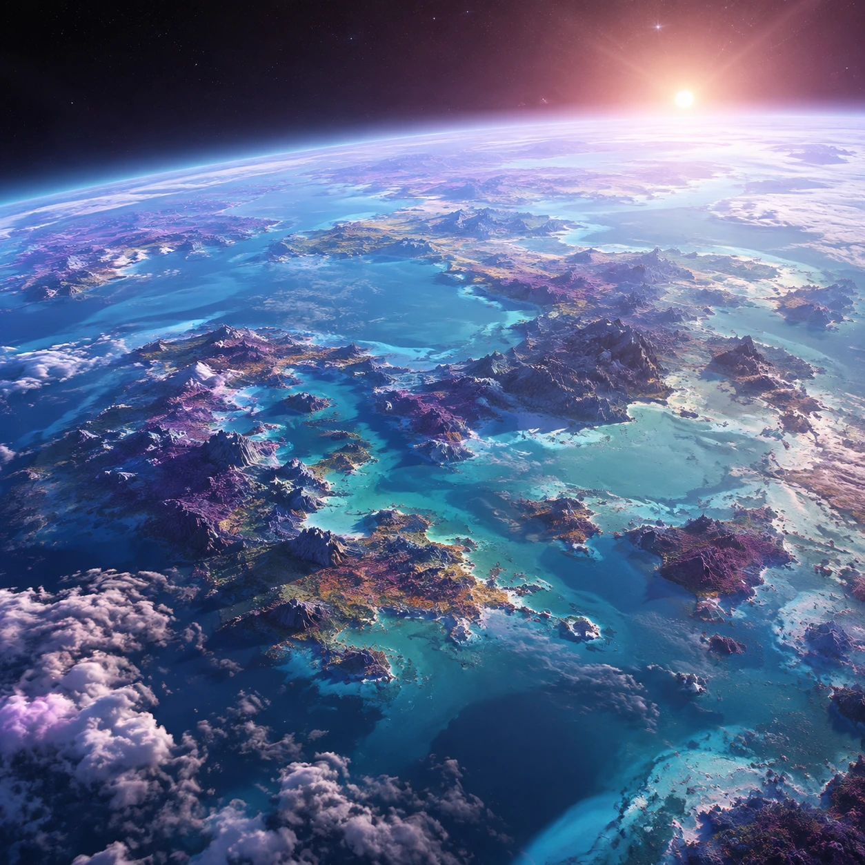 Habitable alien ocean world seen from luminous orbital view