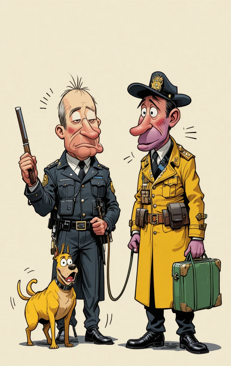 Comic-Polizist konfrontiert Mann mit ängstlichem gelbem Hund
