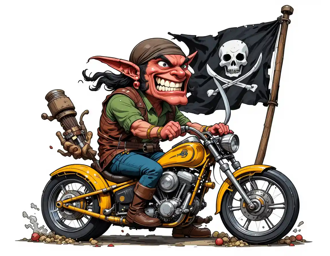 Cartoon man riding yellow chopper motorcycle on white background