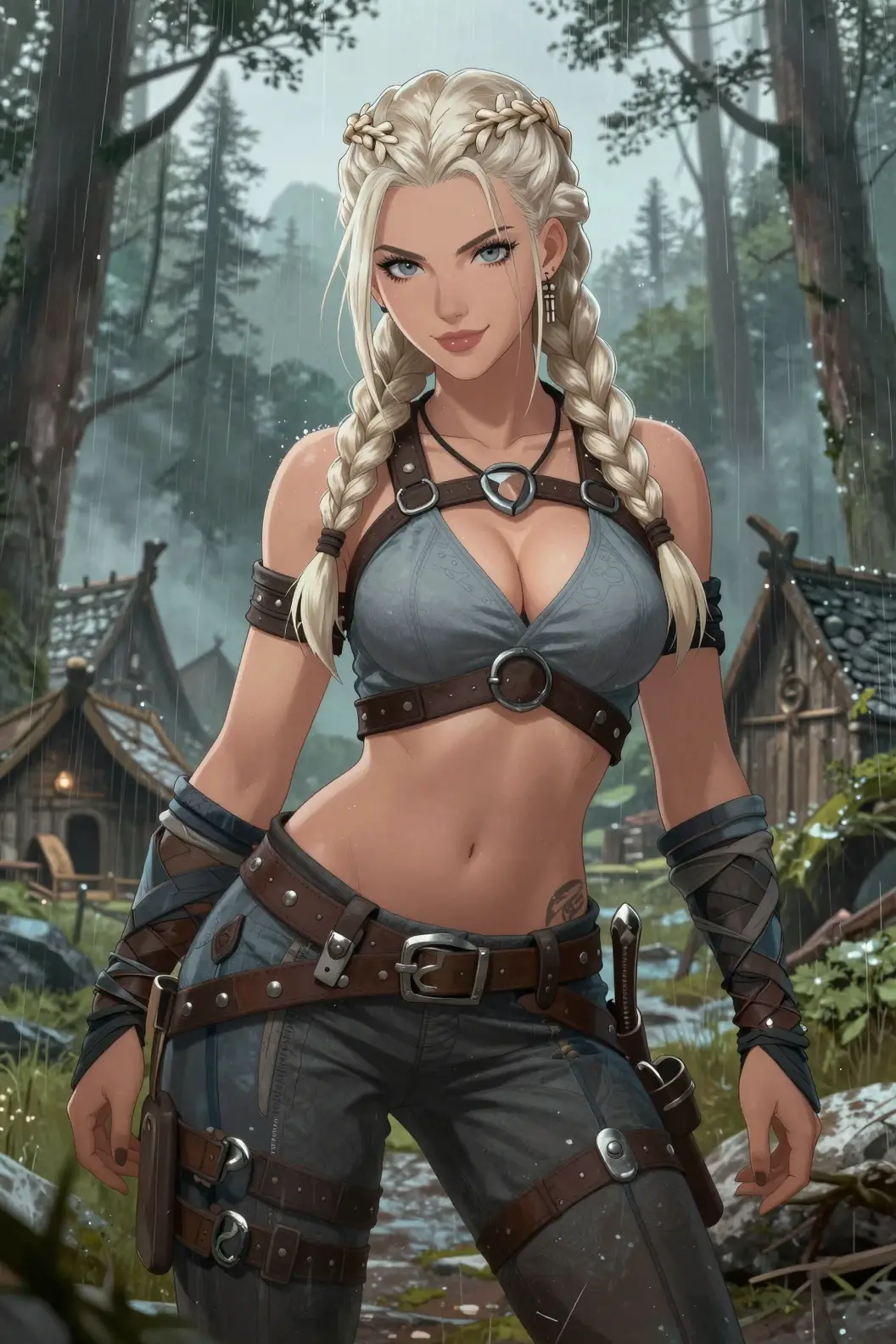 Viking warrior woman posing confidently in rainy forest wilderness