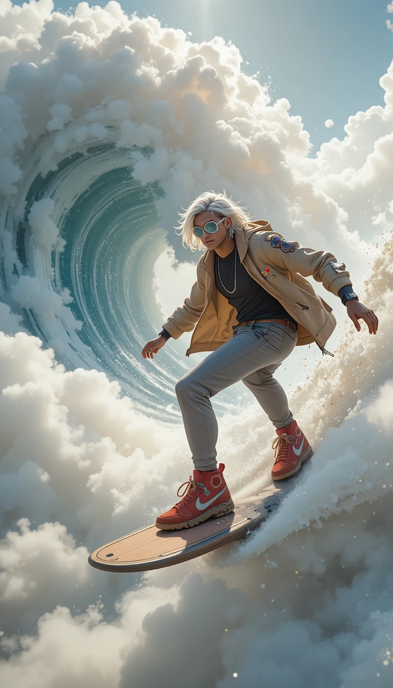 Futuristic surfer riding a hoverboard through cloud waves