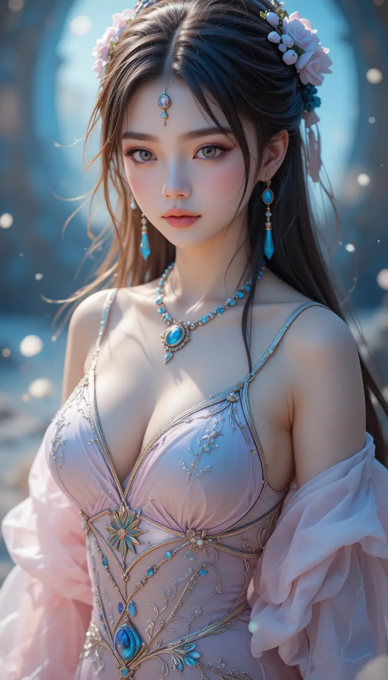 Ethereal water spirit woman floating in a cosmic sea