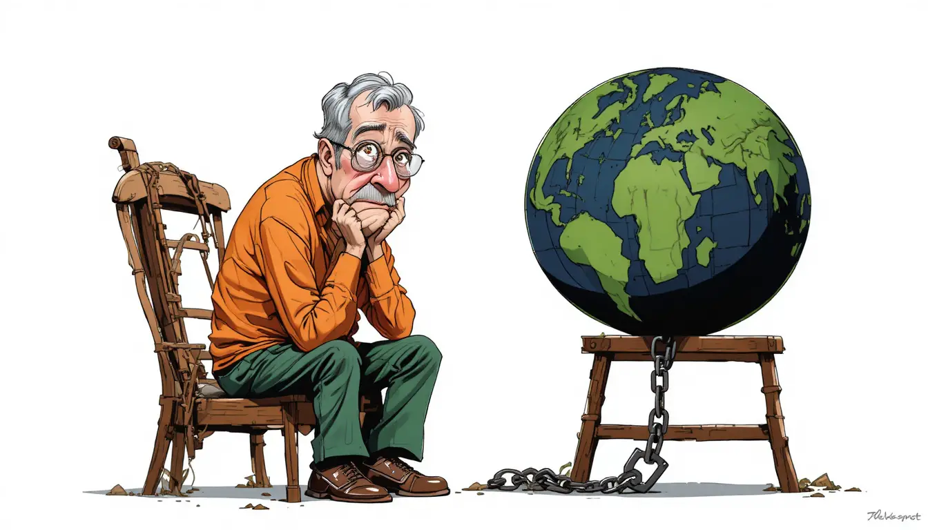 Elderly Man Chained To A Globe In Cartoon Illustration