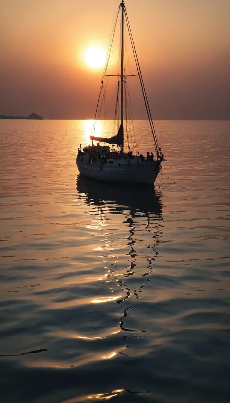 Ships Sailing Into A Warm And Romantic Sunset At Sea