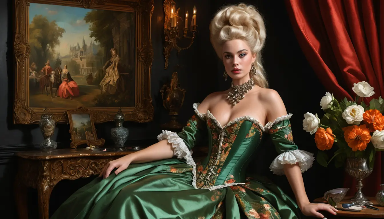 Sensual baroque courtesan painting at an opulent royal chamber
