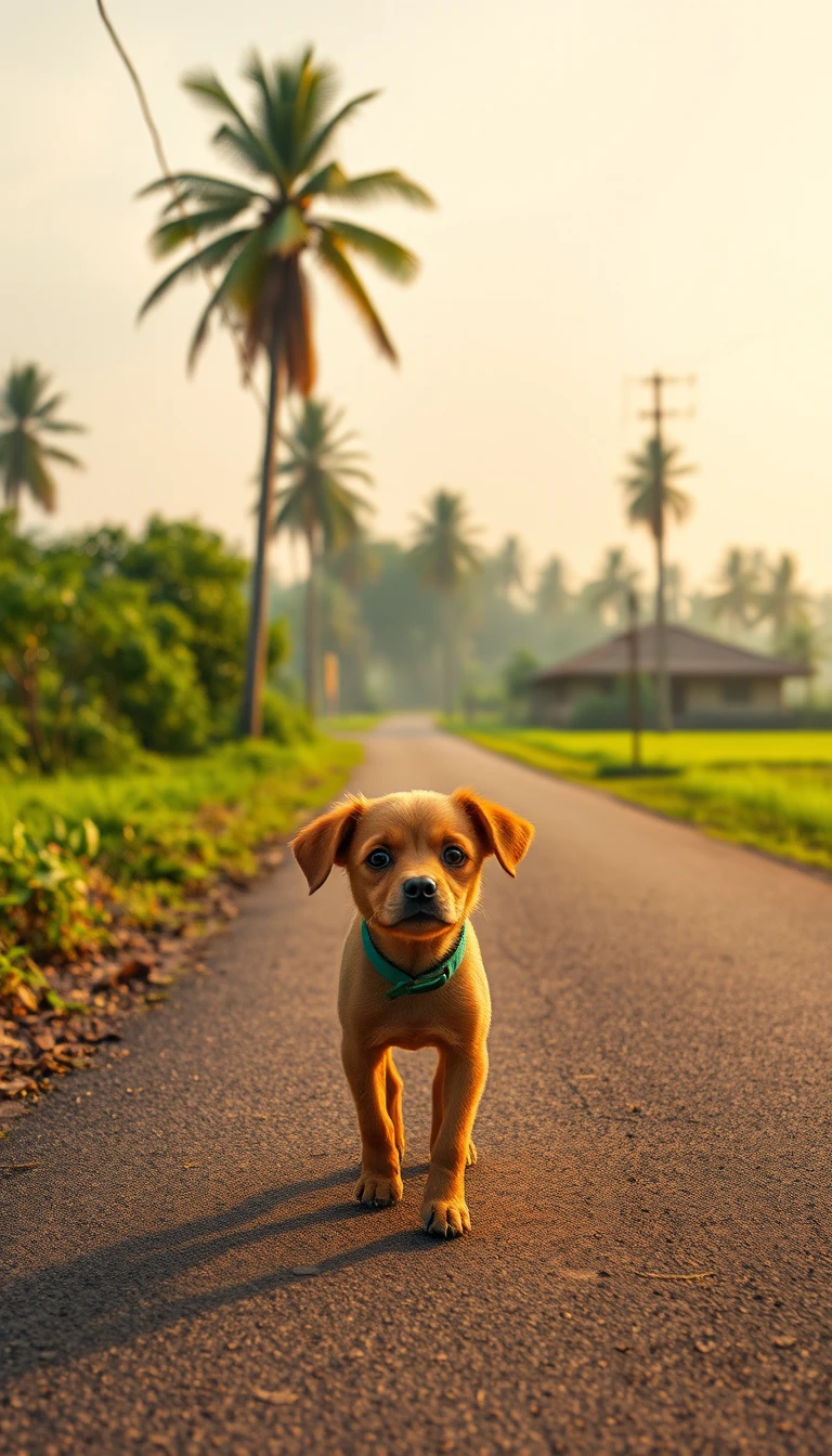 Small brown dog walking alone on quiet village road