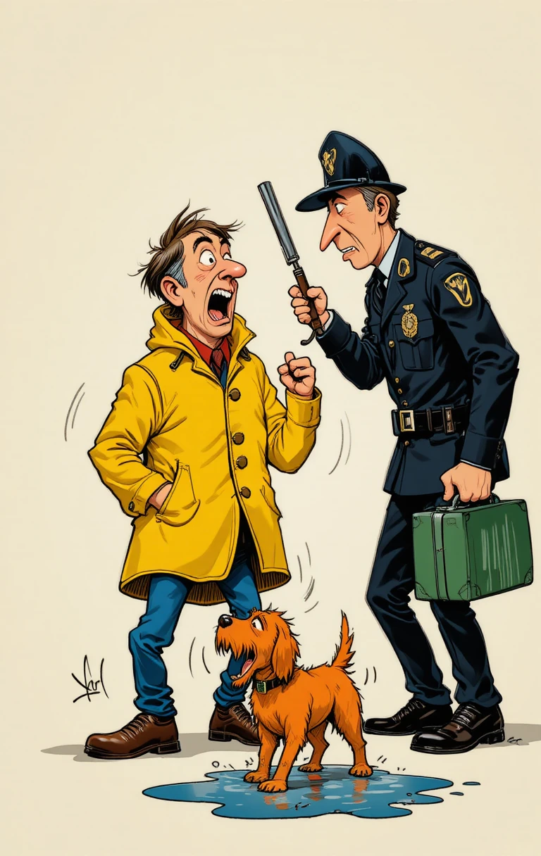 Comic police officer scolding man with dog in between