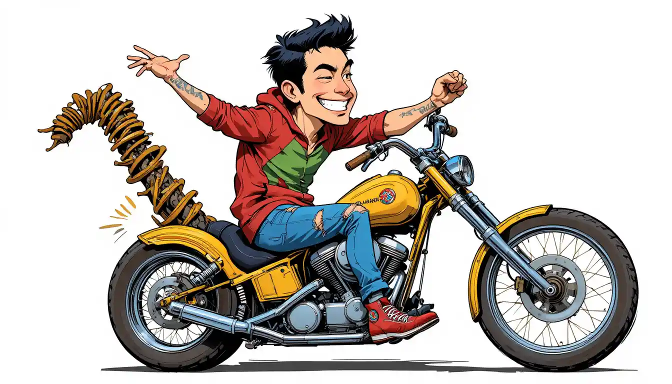 Cartoon-Mann fährt gelbes Chopper-Motorrad auf weißem Hintergrund