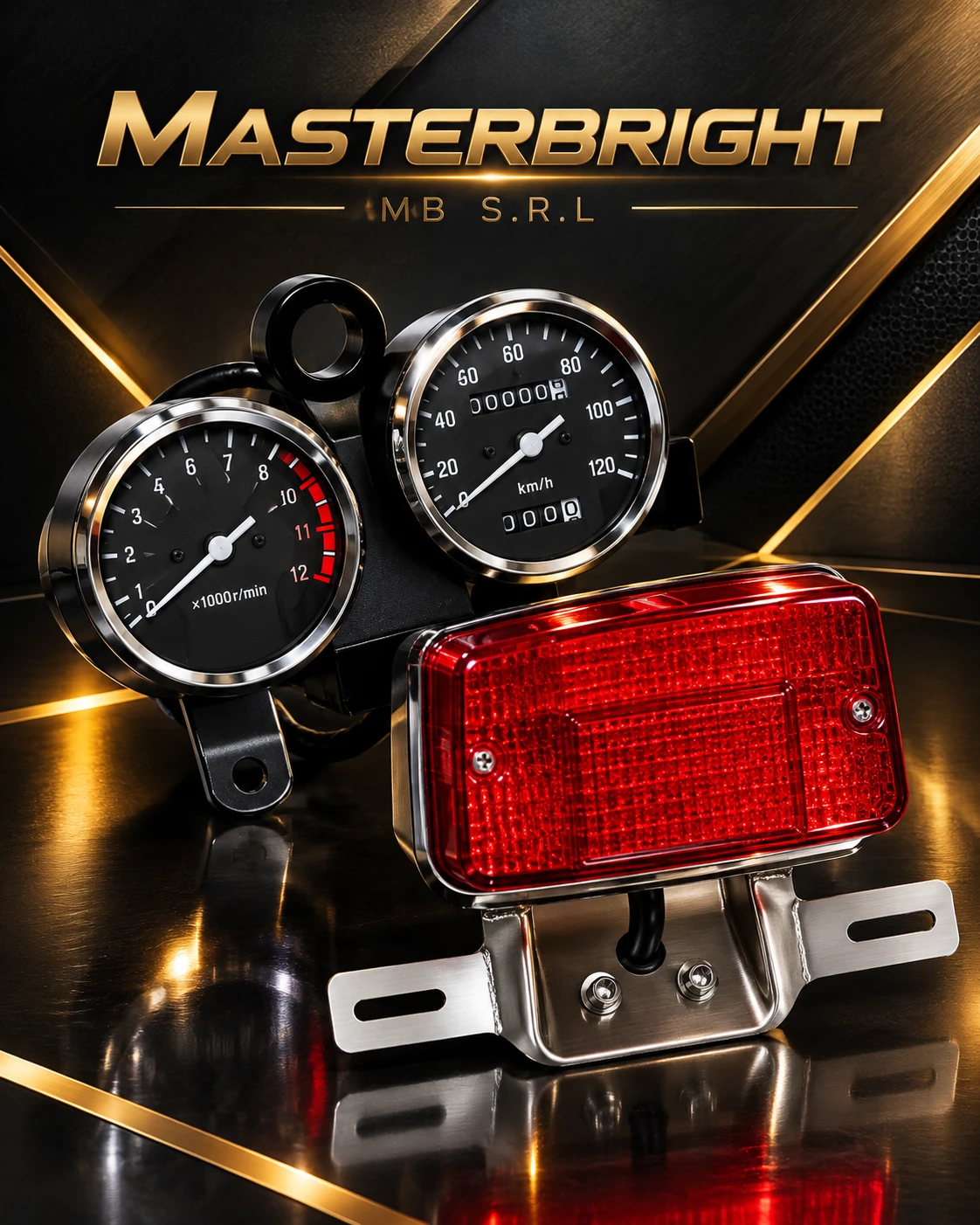 Luxury motorcycle gauge and tail light in dark studio