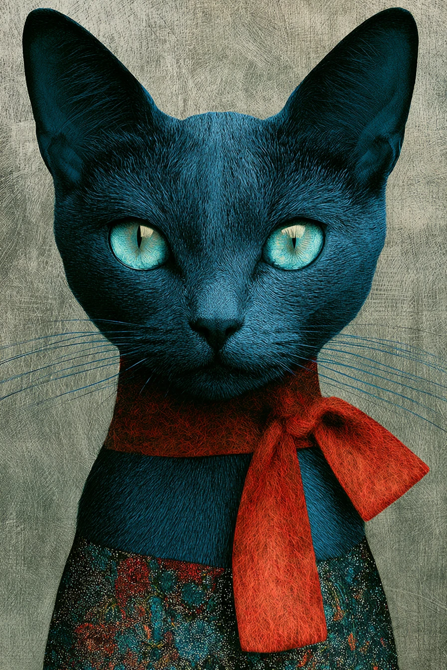 Chat anthropomorphe surréaliste aux yeux bleu-vert saisissants