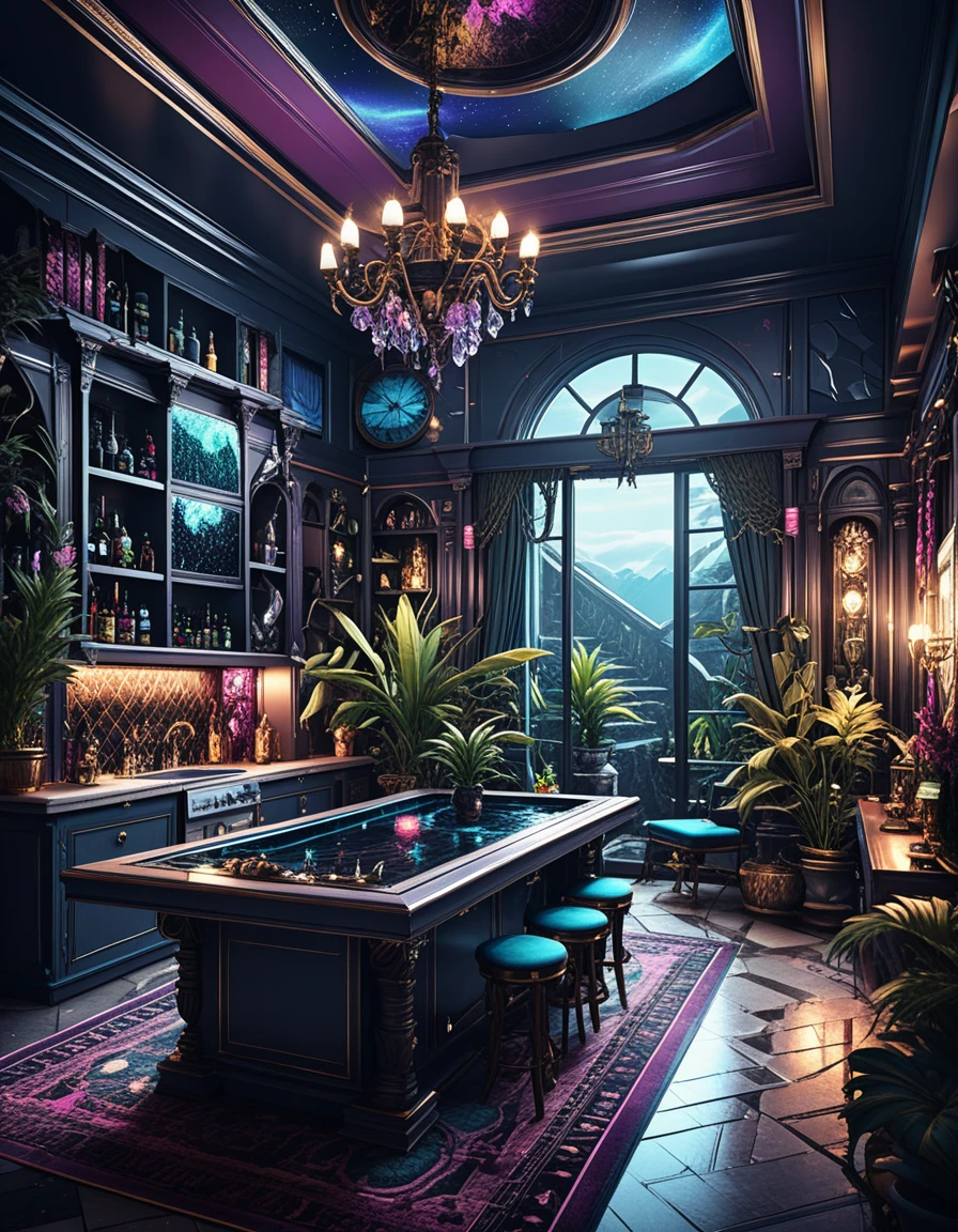 Moody Luxury Interior With Exotic Plants And Water Feature