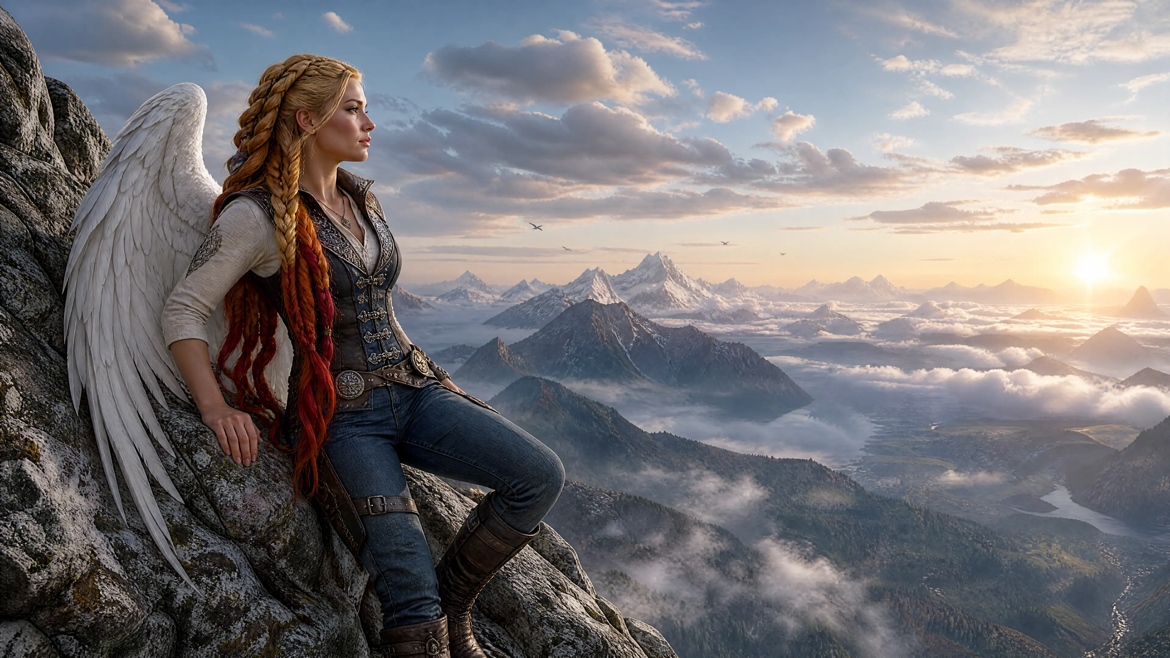 Valkyrie warrior resting against rock on mountain summit