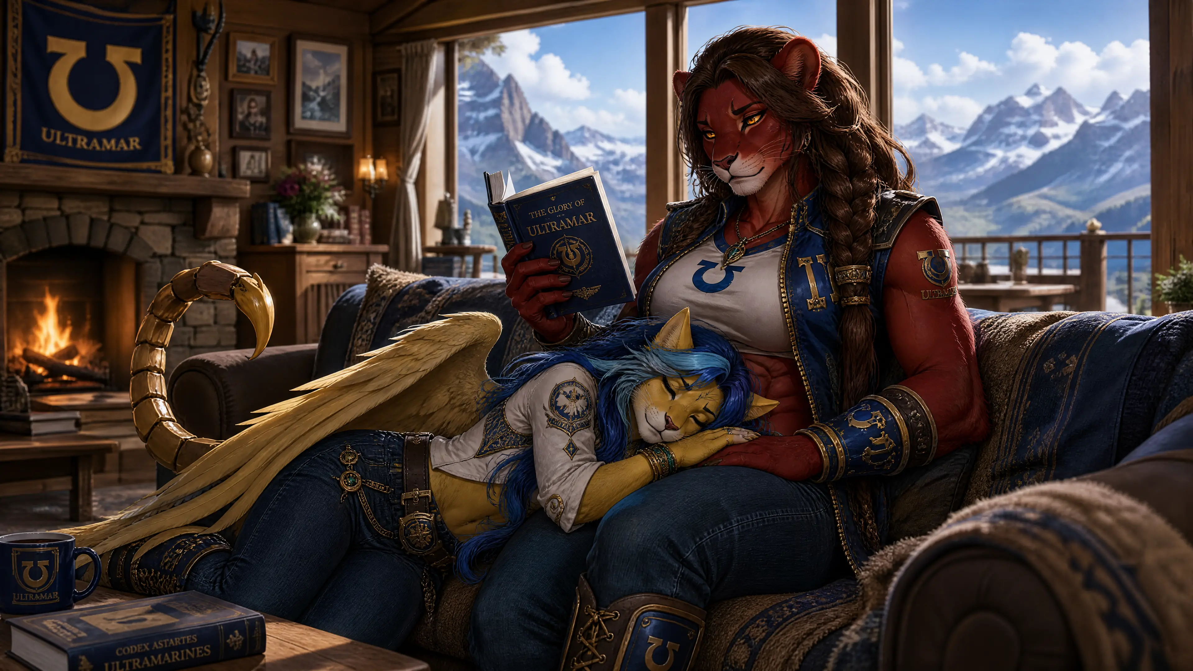 Lion and manticore wives relaxing in a mountain cabin