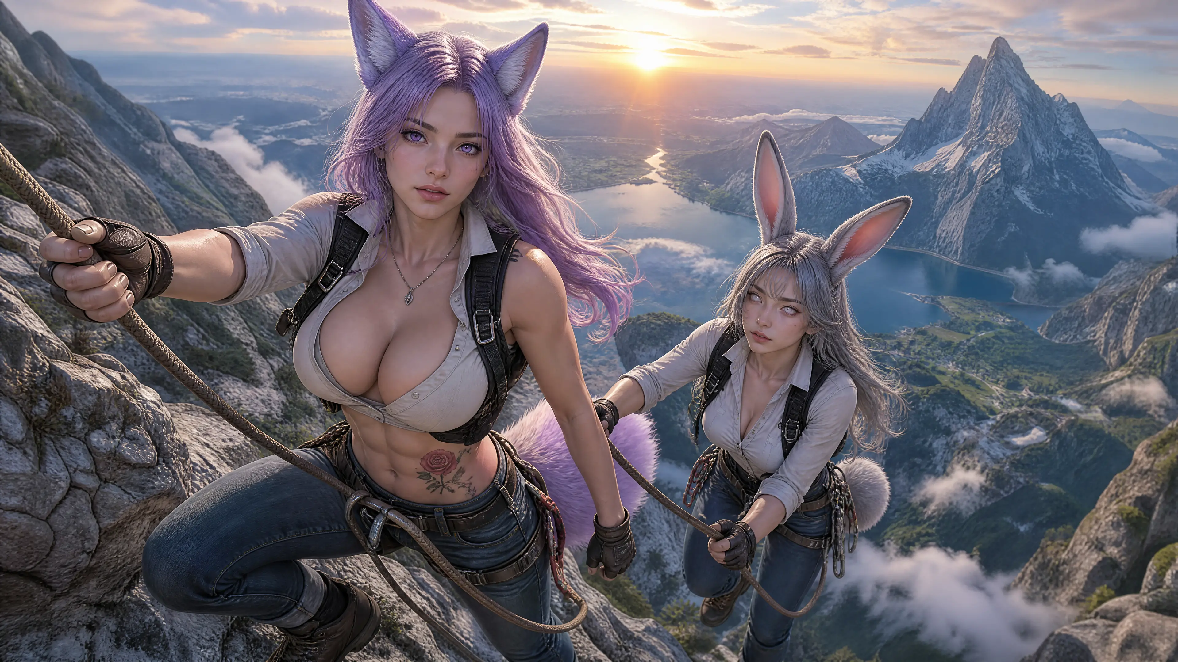 Fantasy wives climbing a rope on a mountain summit