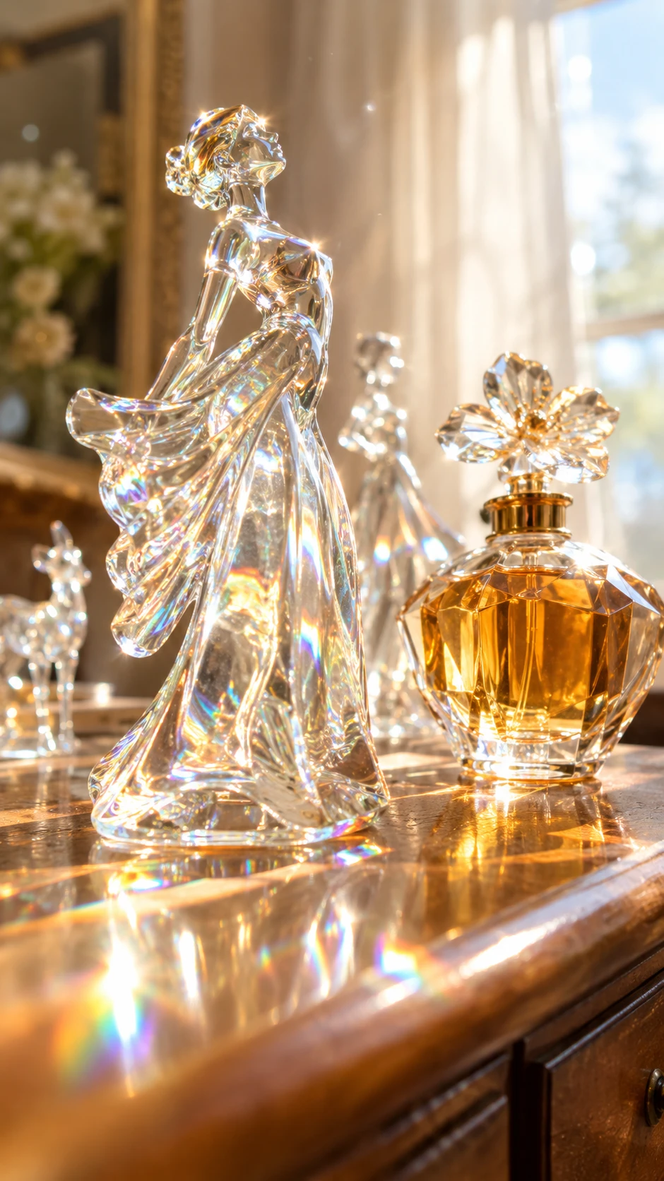 Glass figurines and perfume bottle glowing in summer sunlight
