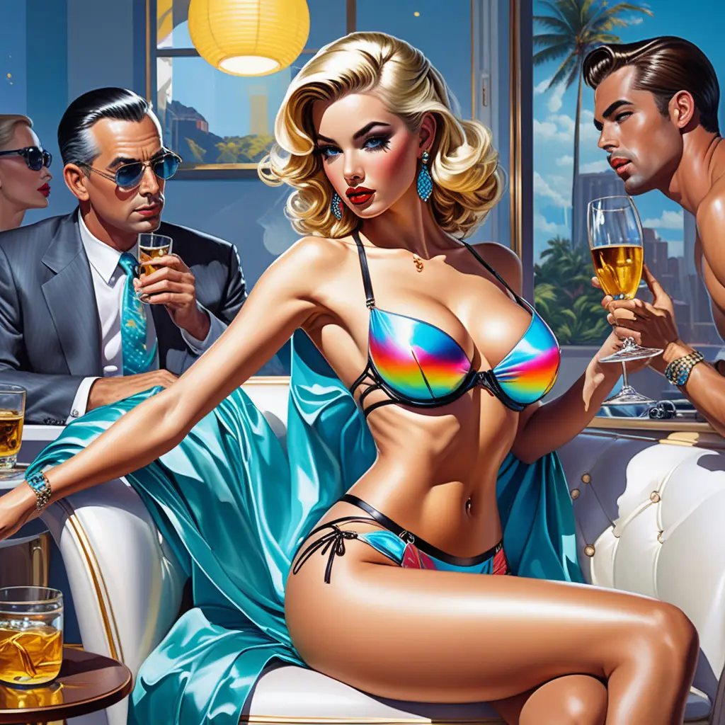 Glamorous pinup woman in lingerie posing in neon boudoir