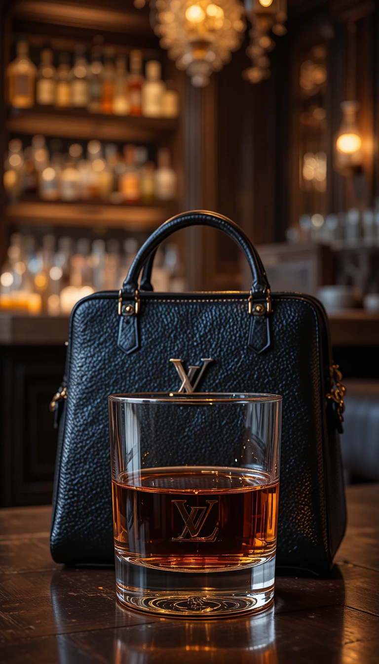 Whiskey glass in leather bag at warm ambient bar