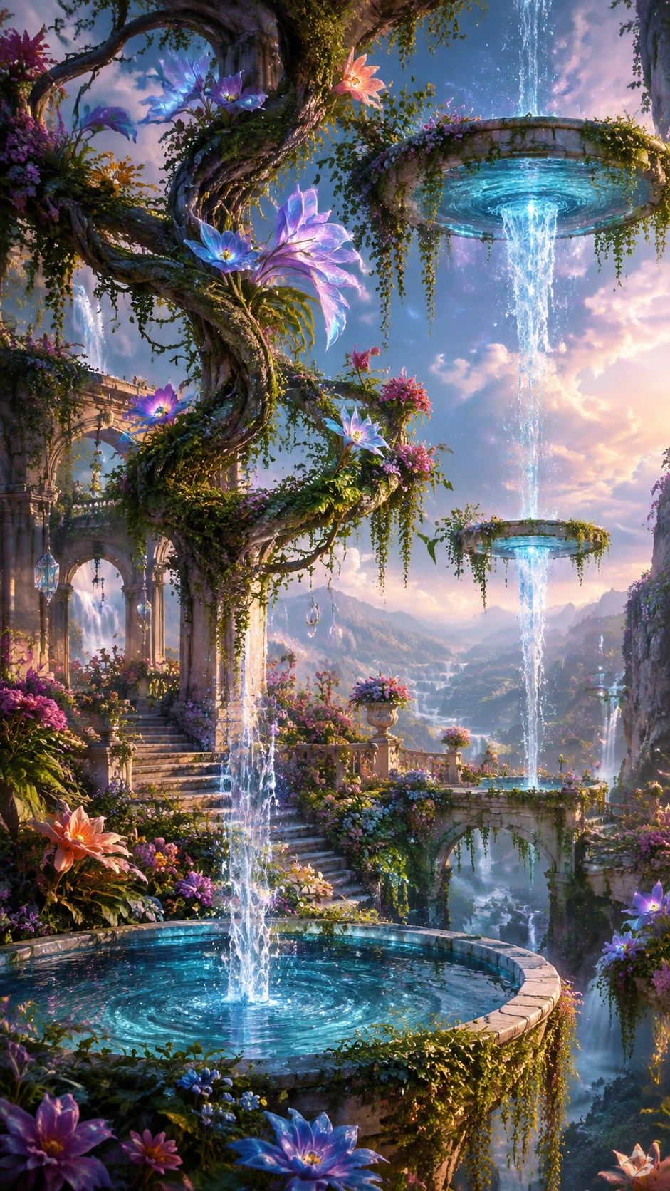 Surrealer Fantasiegarten mit der Schwerkraft trotzenden Wasserfällen